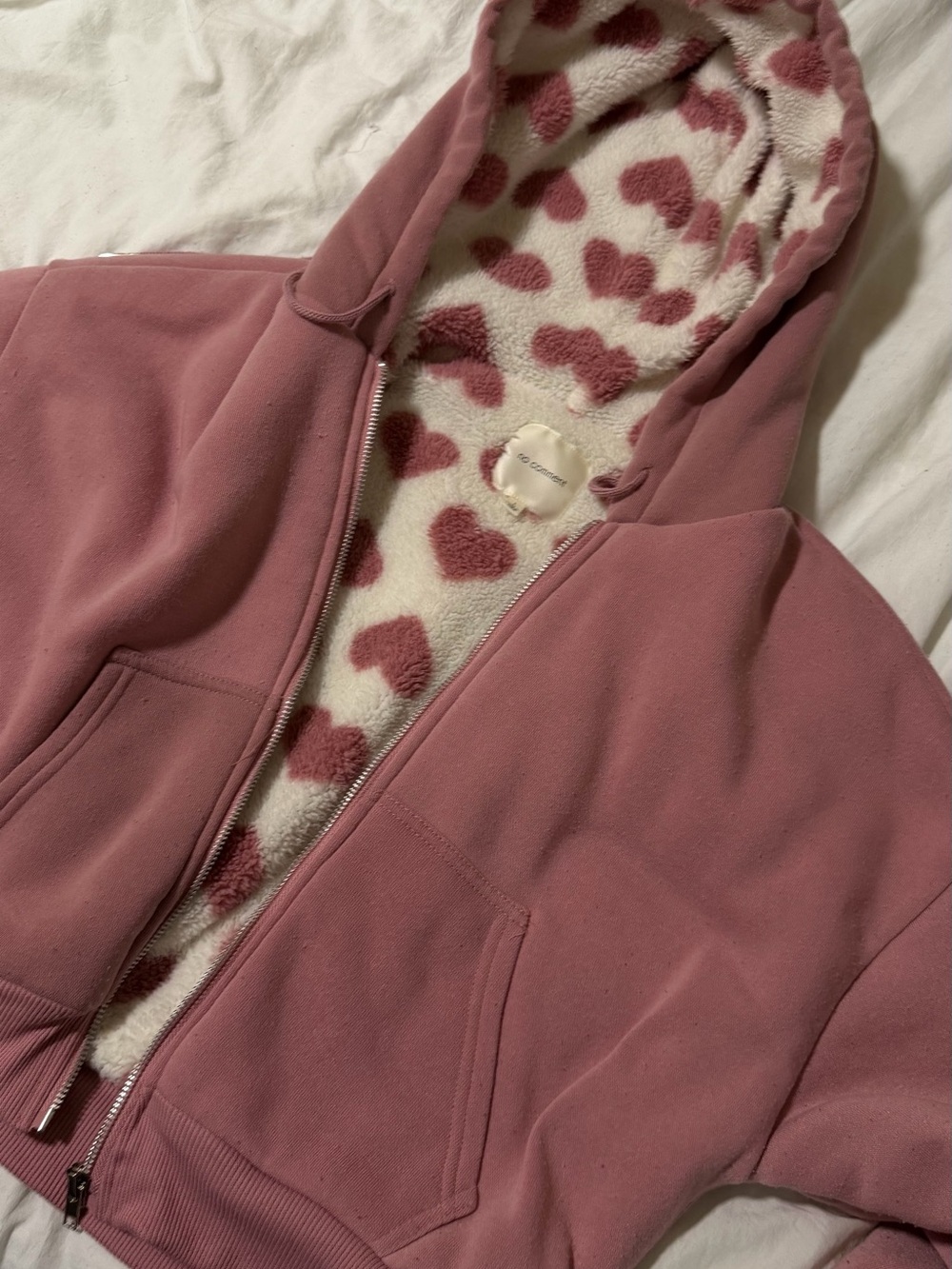 Cozy Hooded Teddy Jacket in Dusty Rose with Heart-Print Lining